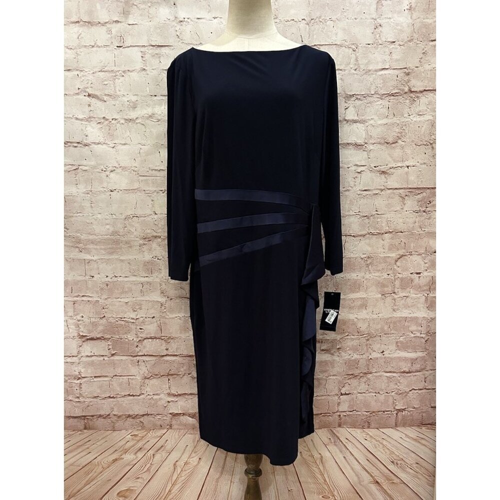 AMERICAN LIVING Navy Sheath Dress 16 Boat Neck Satin Cascading Ruffle 3/4 Sleeve